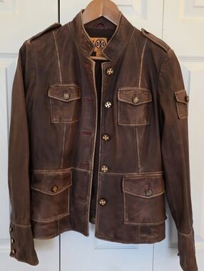 Tory Burch | Brown Distressed Military-Style Leather Jacket Sz 10